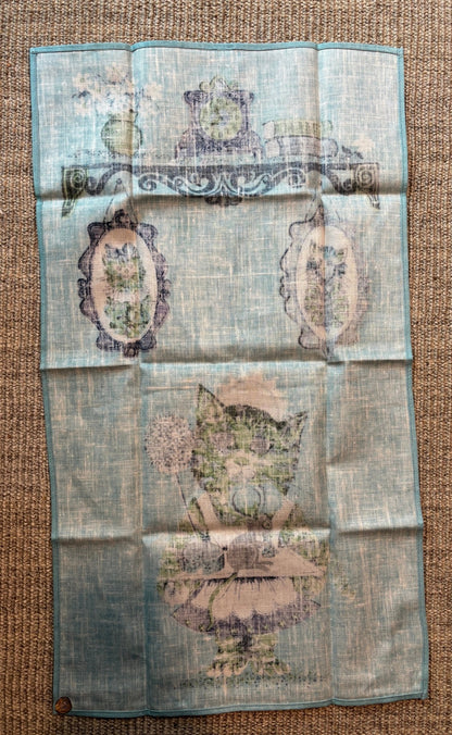 Pure Linen Blue Cat Theme Kitchen Tea Towel
