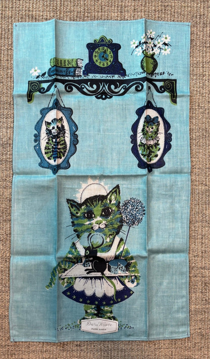 Pure Linen Blue Cat Theme Kitchen Tea Towel