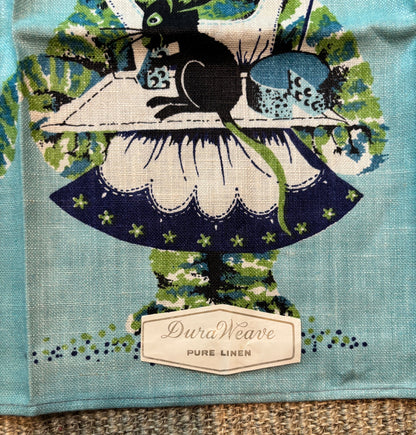 Pure Linen Blue Cat Theme Kitchen Tea Towel with blue and green colors