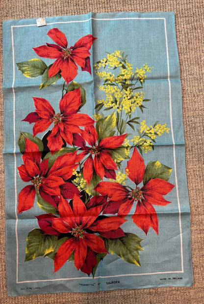 Pure Linen Poinsettia Kitchen Tea Towel
