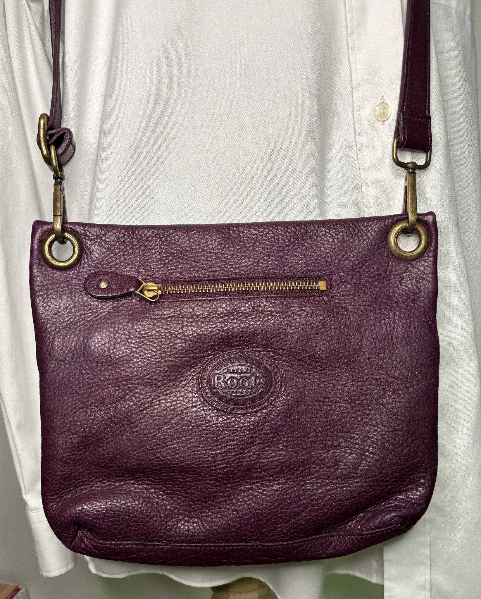 Purple Aubergine Roots Saddle Leather Crossbody Purse