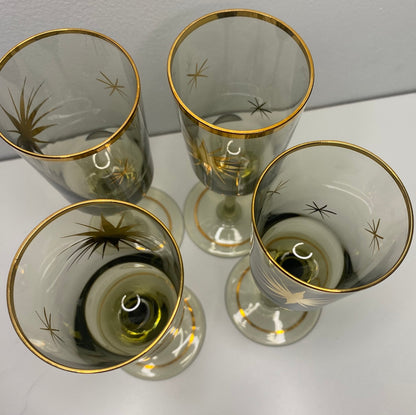 Retro Atomic Age Smoked Glass Starburst Gold Decanter and Glasses
