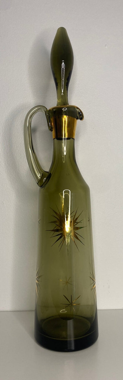 Retro Atomic Age Smoked Glass Starburst Gold Decanter and Glasses