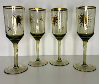 Retro Atomic Age Smoked Glass Starburst Gold Decanter and Glass