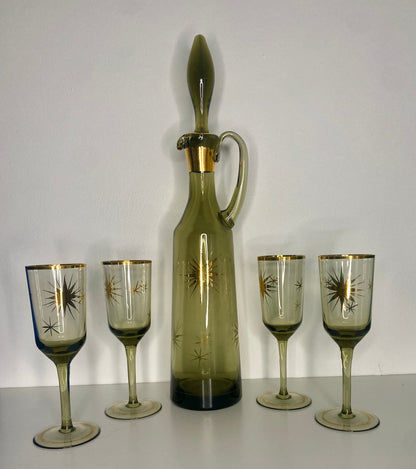 Retro Atomic Age Smoked Glass Starburst Gold Decanter and Glasses