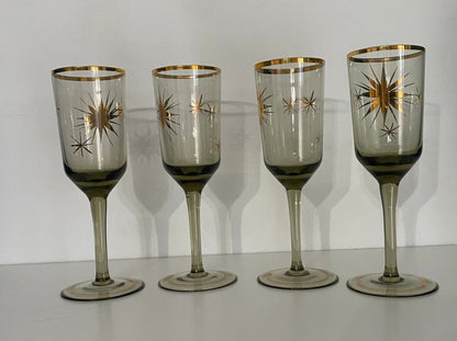 Retro Atomic Age Smoked Glass Starburst Gold Decanter and Glasses