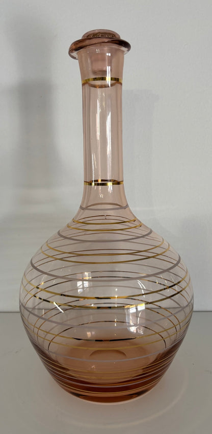 Retro Pink Blown Glass Striped Gold Leaf Decanter shaped like a bottle