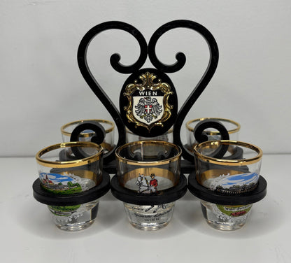 Retro Vienna Austria Motif Shot Glasses and Carrier
