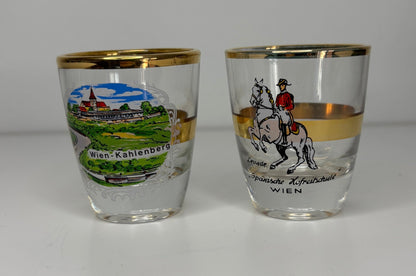 Retro Vienna Austria Motif Shot Glasses and Carrier depicting hillside and horseman