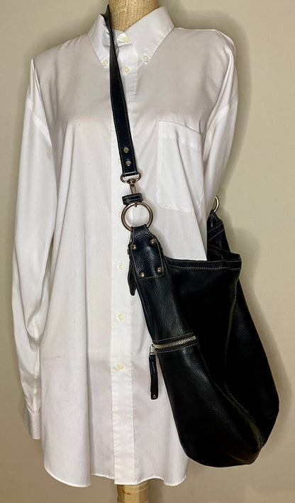 Roots Black Leather Crossbody Bucket Style Purse