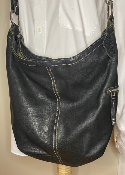 Roots Black Leather Crossbody Bucket Style Purse