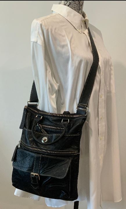 Roots Raised Black Leather Crossbody Purse