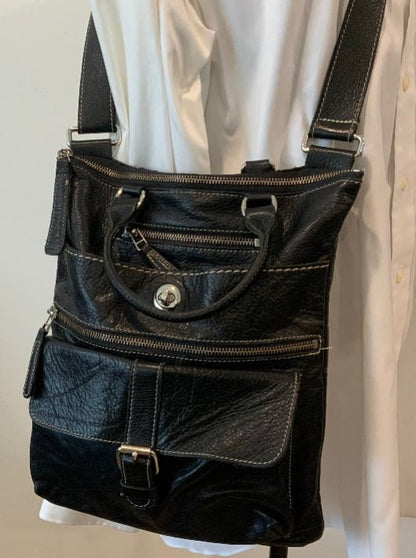 Roots Raised Black Leather Crossbody Purse