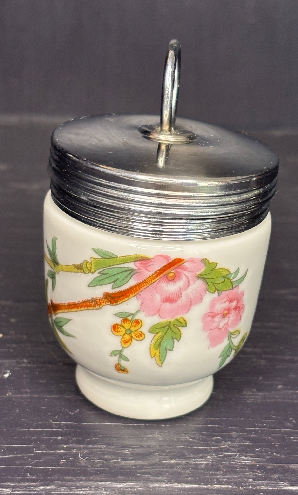 Royal Worcester England porcelain Egg Coddler with pink and red rose design