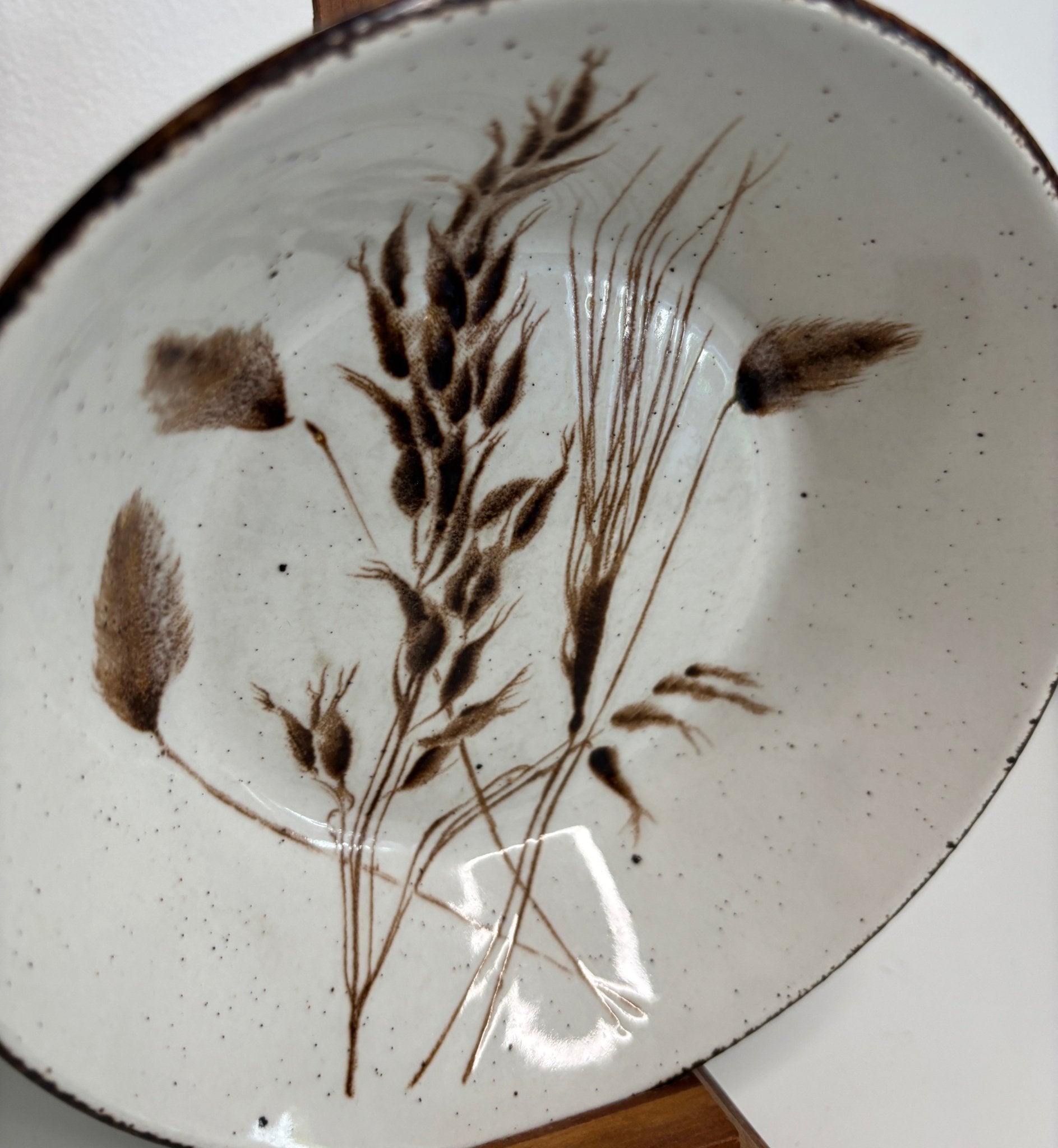 Ceramic plate with brown botanical design on a white background