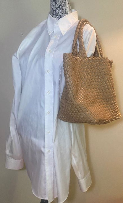 Vegan PU Leather Beige Woven Bucket Style Tote Purse