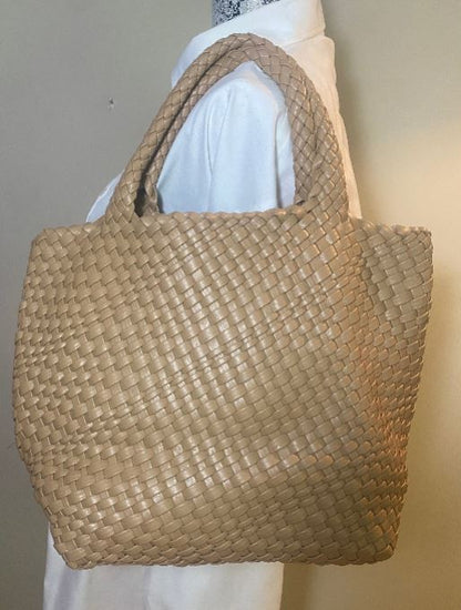 Vegan PU Leather Beige Woven Bucket Style Tote Purse