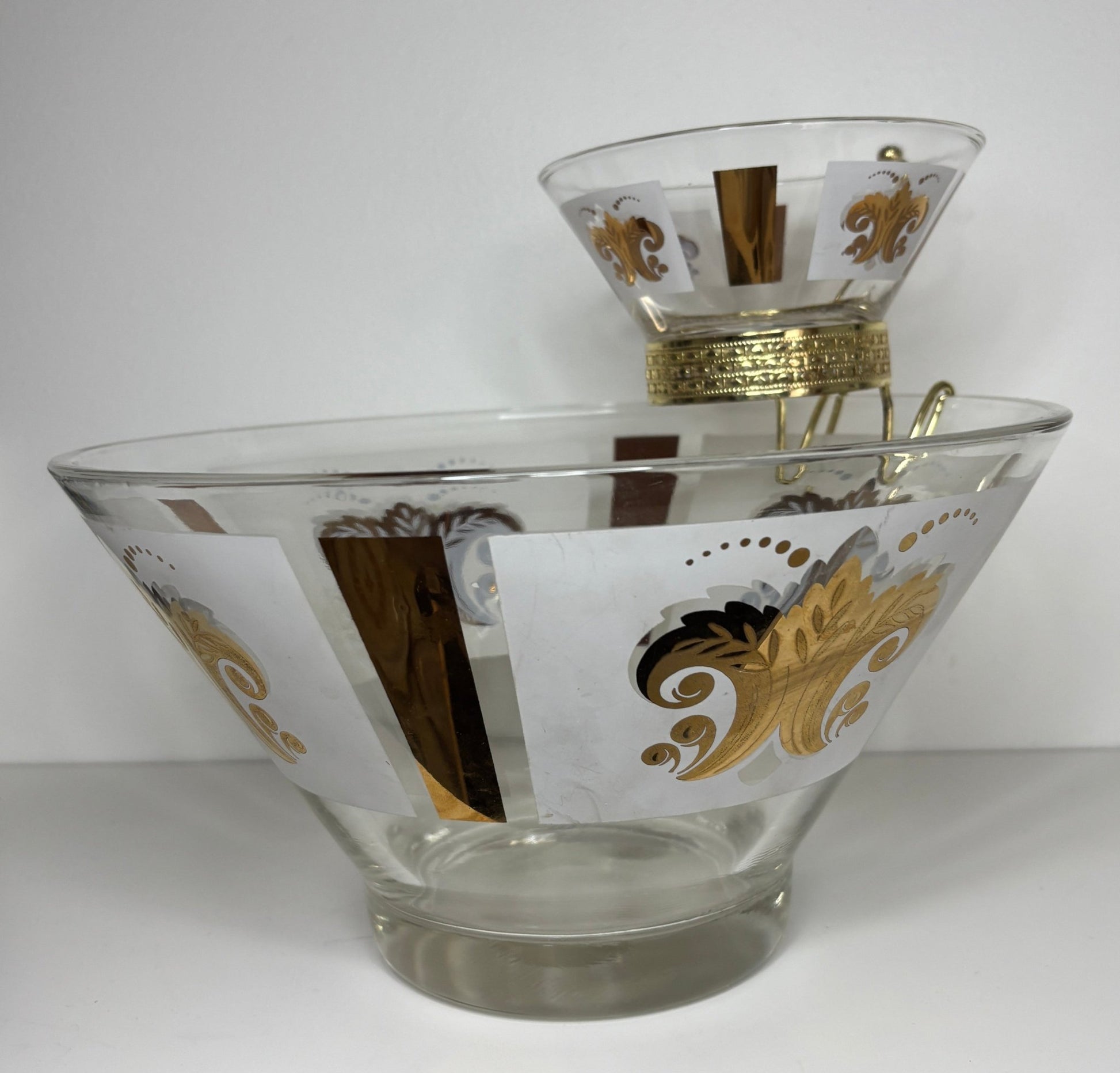 Vintage Anchor Hocking Gold Fleur De Lys Serving Bowl with Dip Bowl