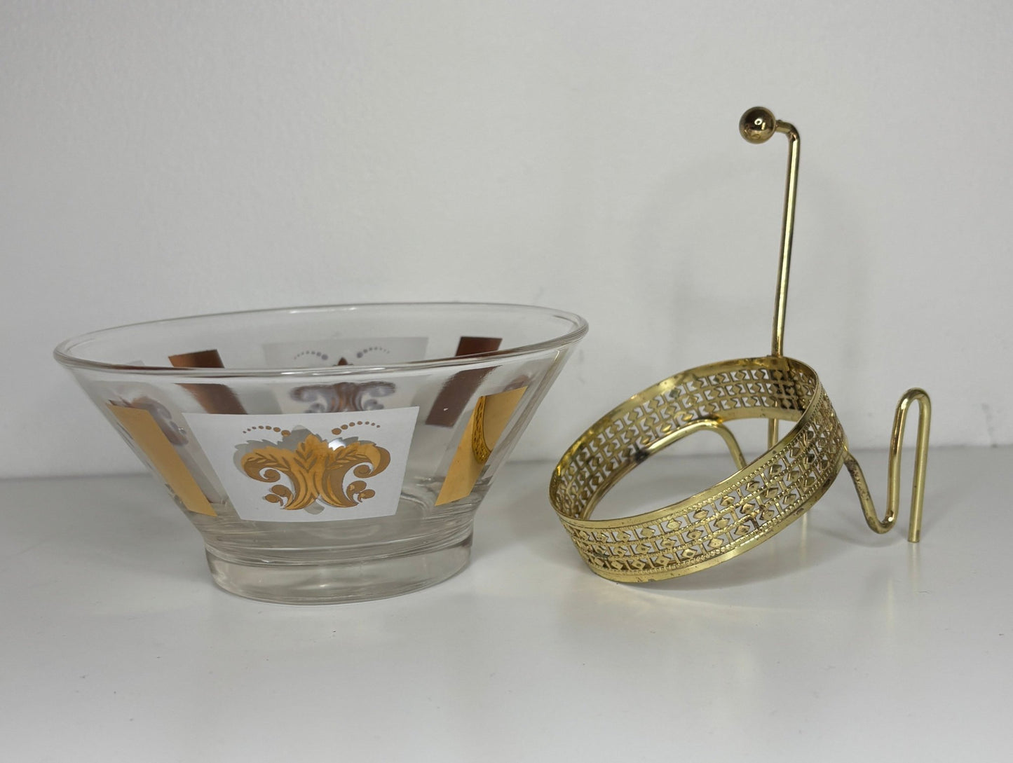Vintage Anchor Hocking Gold Fleur De Lys Serving Bowl with Dip Bowl