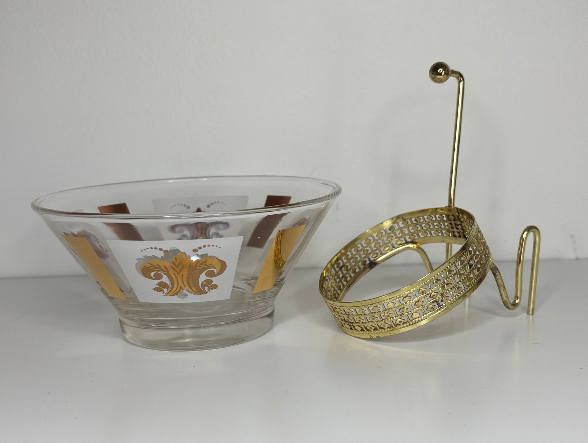 Vintage Anchor Hocking Gold Fleur De Lys Serving Bowl with Dip Bowl