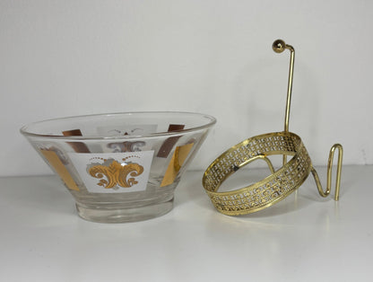 Vintage Anchor Hocking Gold Fleur De Lys Serving Bowl with Dip Bowl