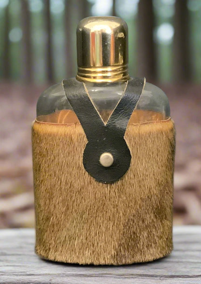 Vintage Asbach Uralt Glass Flask Mickey Bottle with Deerskin Cover