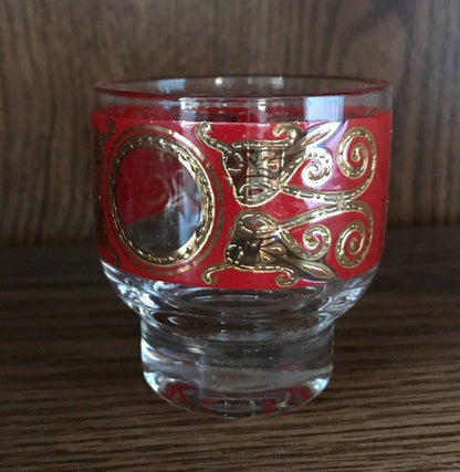 Vintage Culver Regal Scroll Gold & Red Paisley Cocktail Lowball Glasses set