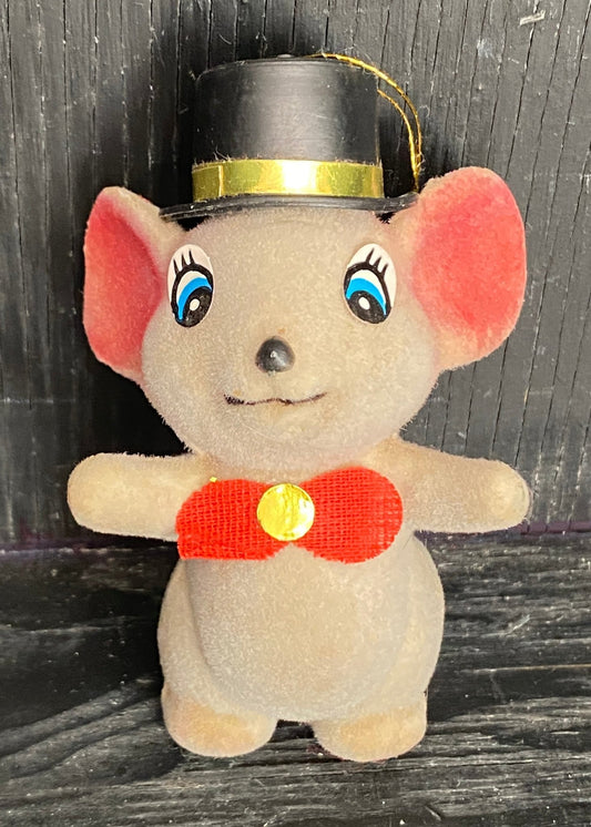 Vintage Flocked Felt Mouse with Top Hat Christmas Ornament