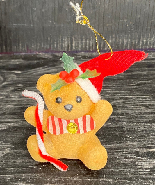 Vintage Flocked Felt Teddy Bear Christmas Ornament
