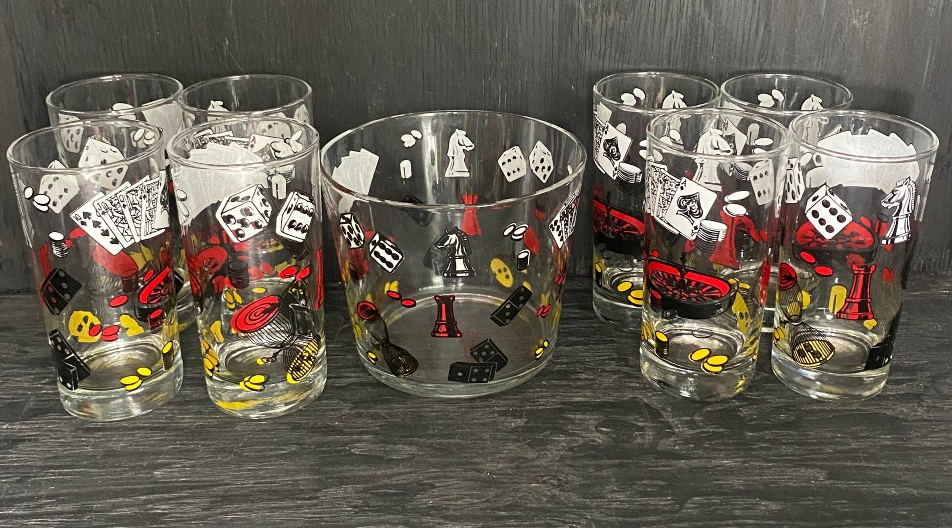 Vintage Game Night Casino Poker Ice Bucket and Drink Glasses - HLJ at HomeVintage Game Night Casino Poker Ice Bucket and Drink GlassesShot GlassHazel Atlas