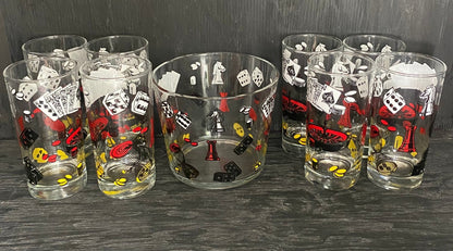 Vintage Game Night Casino Poker Ice Bucket and Drink Glasses