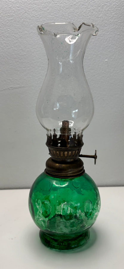 Vintage Green and Clear Glass Victorian Oil Lamp