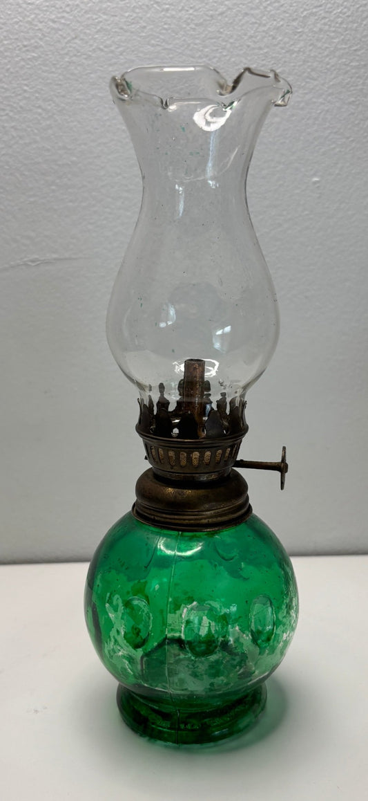 Vintage Green and Clear Glass Victorian Oil Lamp
