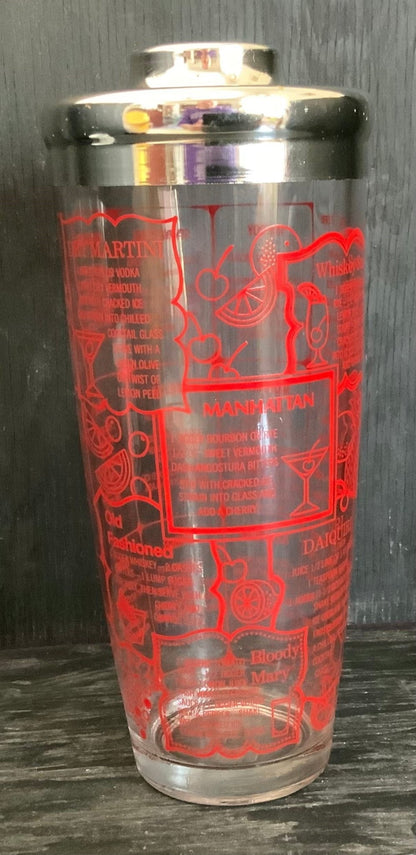 Vintage clear glass with red writing Irvinware Cocktail Shaker with drink recipes