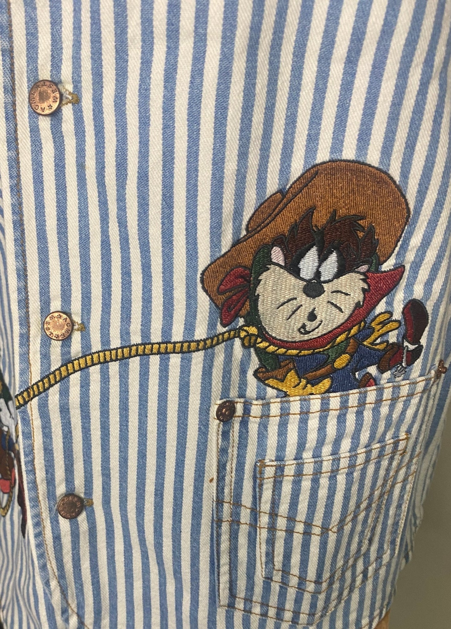 Vintage Looney Tunes Bugs Bunny Taz Western Rodeo Striped Vest - HLJ at HomeVintage Looney Tunes Bugs Bunny Taz Western Rodeo Striped VestLooney TunesWarner Brothers