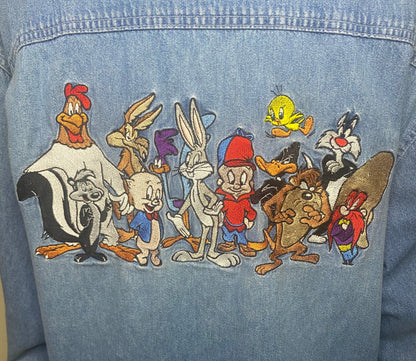 Vintage Looney Tunes Characters Long Sleeve Denim Shirt with pictures of several Looney Tunes characters