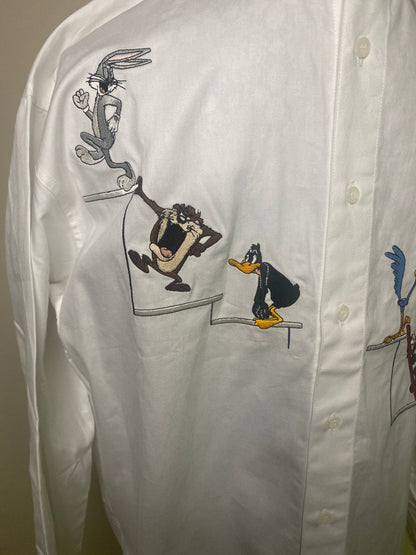 Vintage Looney Tunes Characters Long Sleeve Shirt white with images of Looney tunes characters on a set of stairs