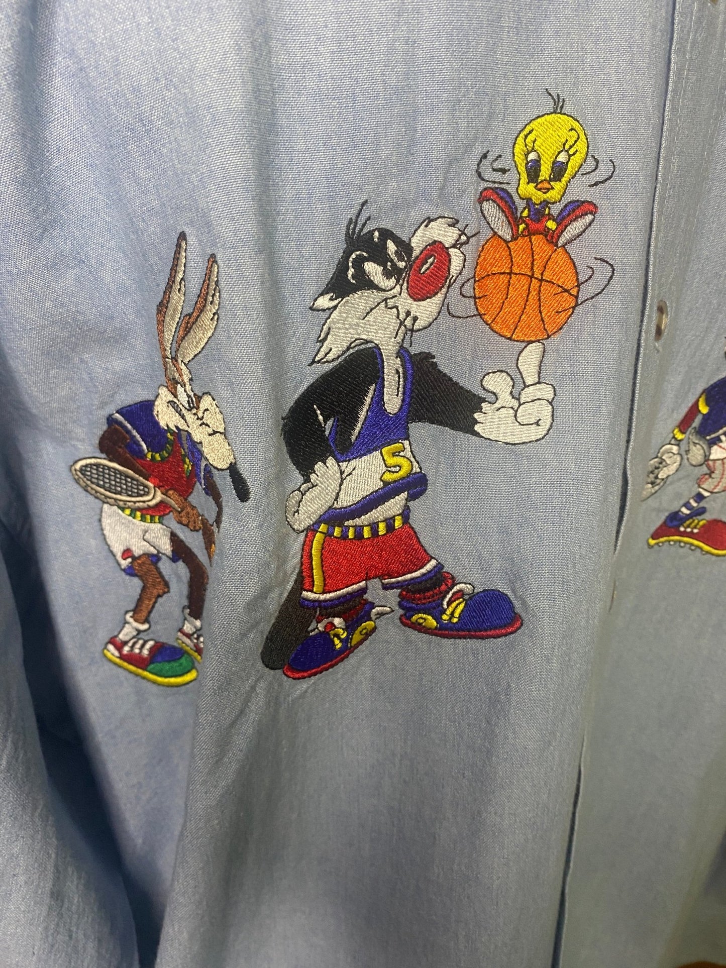 Vintage Looney Tunes Sports Characters Long Sleeve Denim Shirt