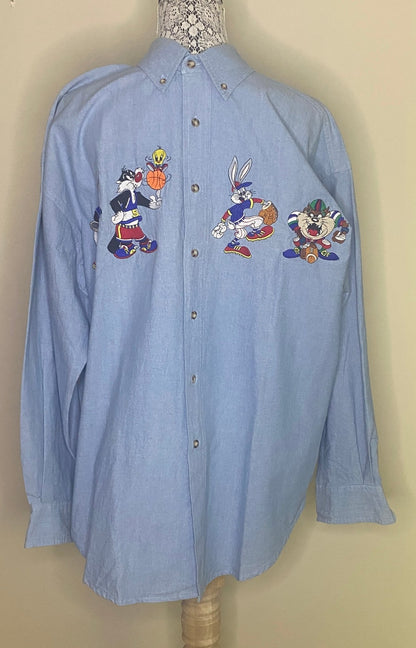 Vintage Looney Tunes Sports Characters Long Sleeve Denim Shirt