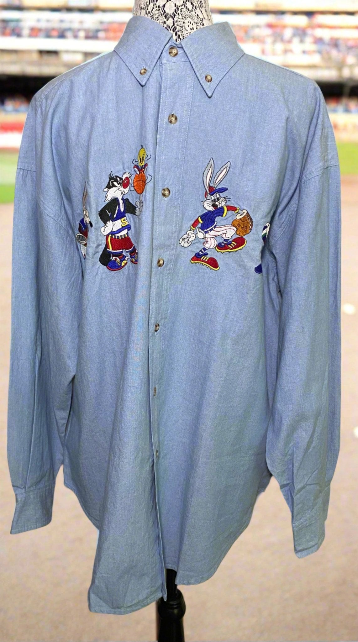 Vintage Looney Tunes Sports Characters Long Sleeve Denim Shirt