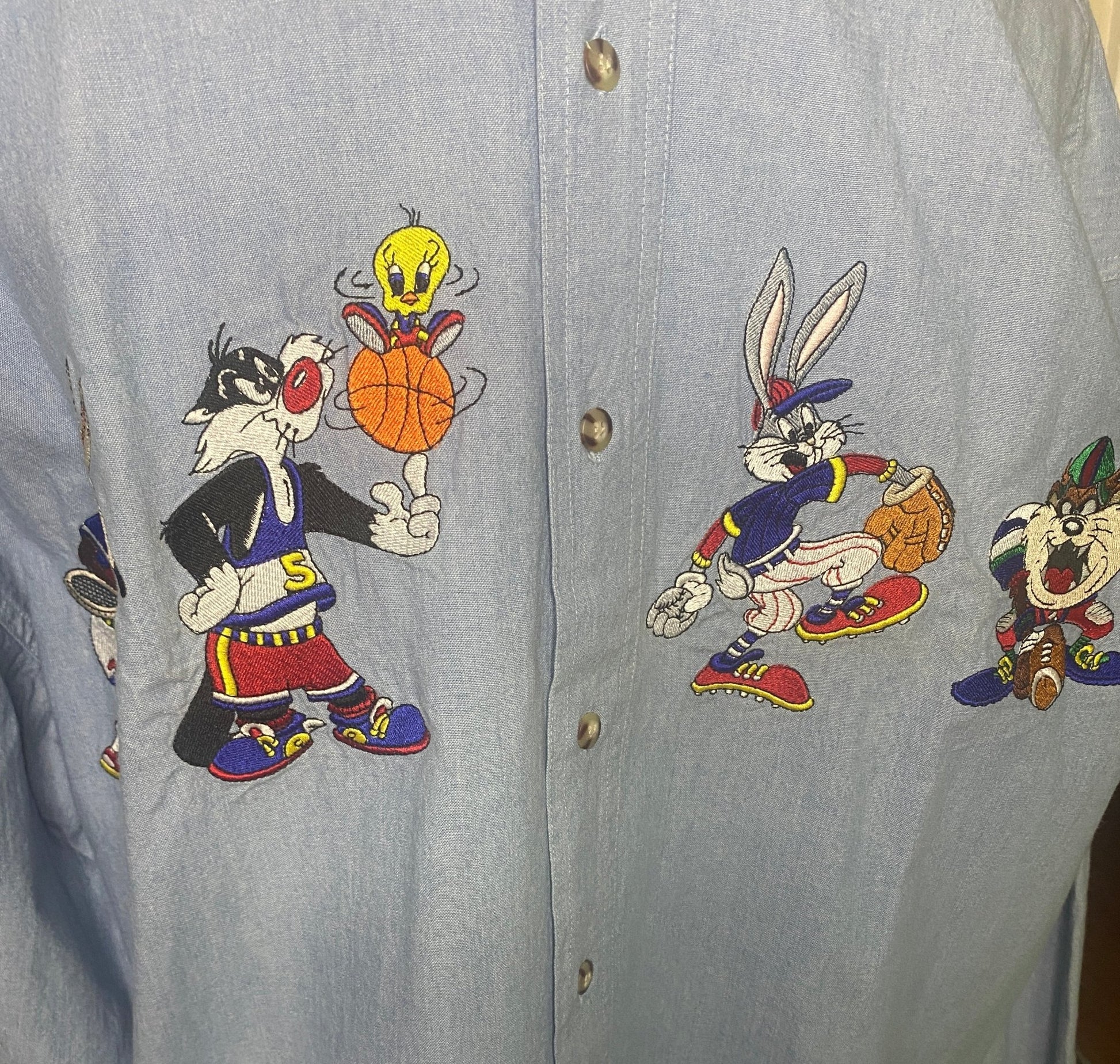 Vintage Looney Tunes Sports Characters Long Sleeve Denim Shirt