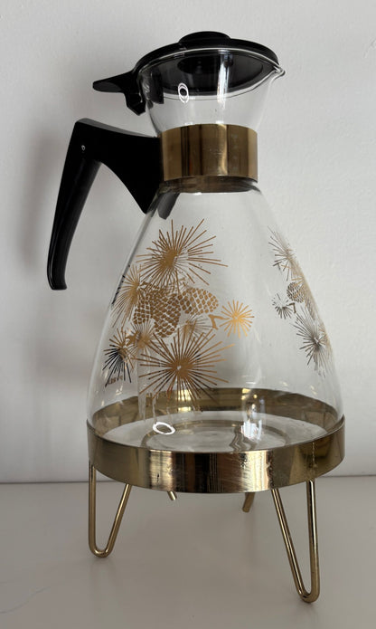 Vintage Pyrex clear and gold pinecone design Glass Coffee Carafe with Stand