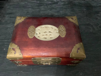 Vintage Red Mahogany Jade Inlay Jewelry Box