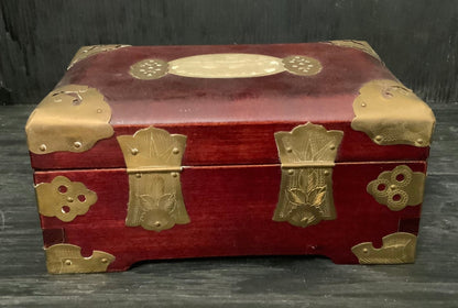 Red Jewelry Box with brass accents and jade inlay