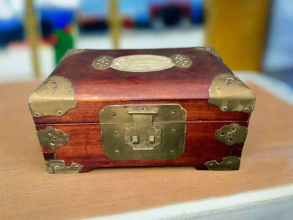 Vintage Red Mahogany Jade Inlay Jewelry Box