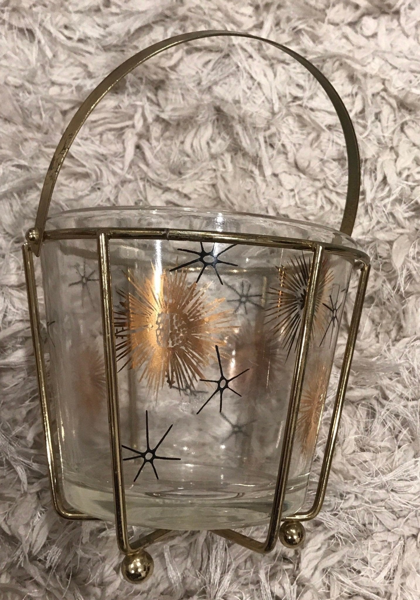 Vintage Retro Starburst Atomic Age Glass Ice Bucket with Brass Carrier - HLJ at HomeVintage Retro Starburst Atomic Age Glass Ice Bucket with Brass CarrierIce BucketHLJ at Home