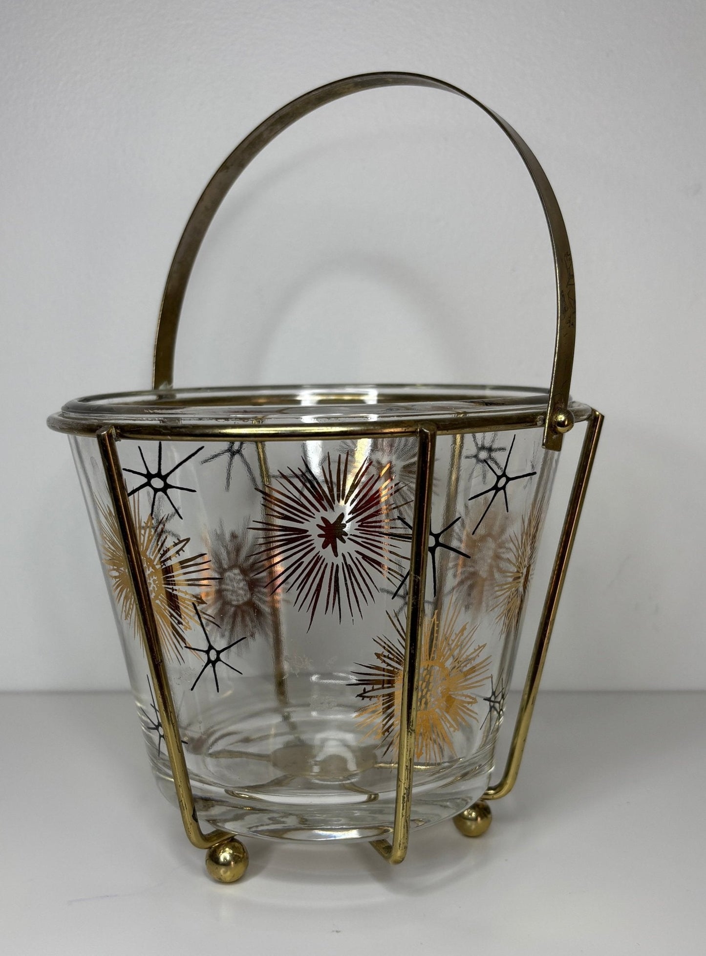 Vintage Retro Starburst Atomic Age Glass Ice Bucket with Brass Carrier