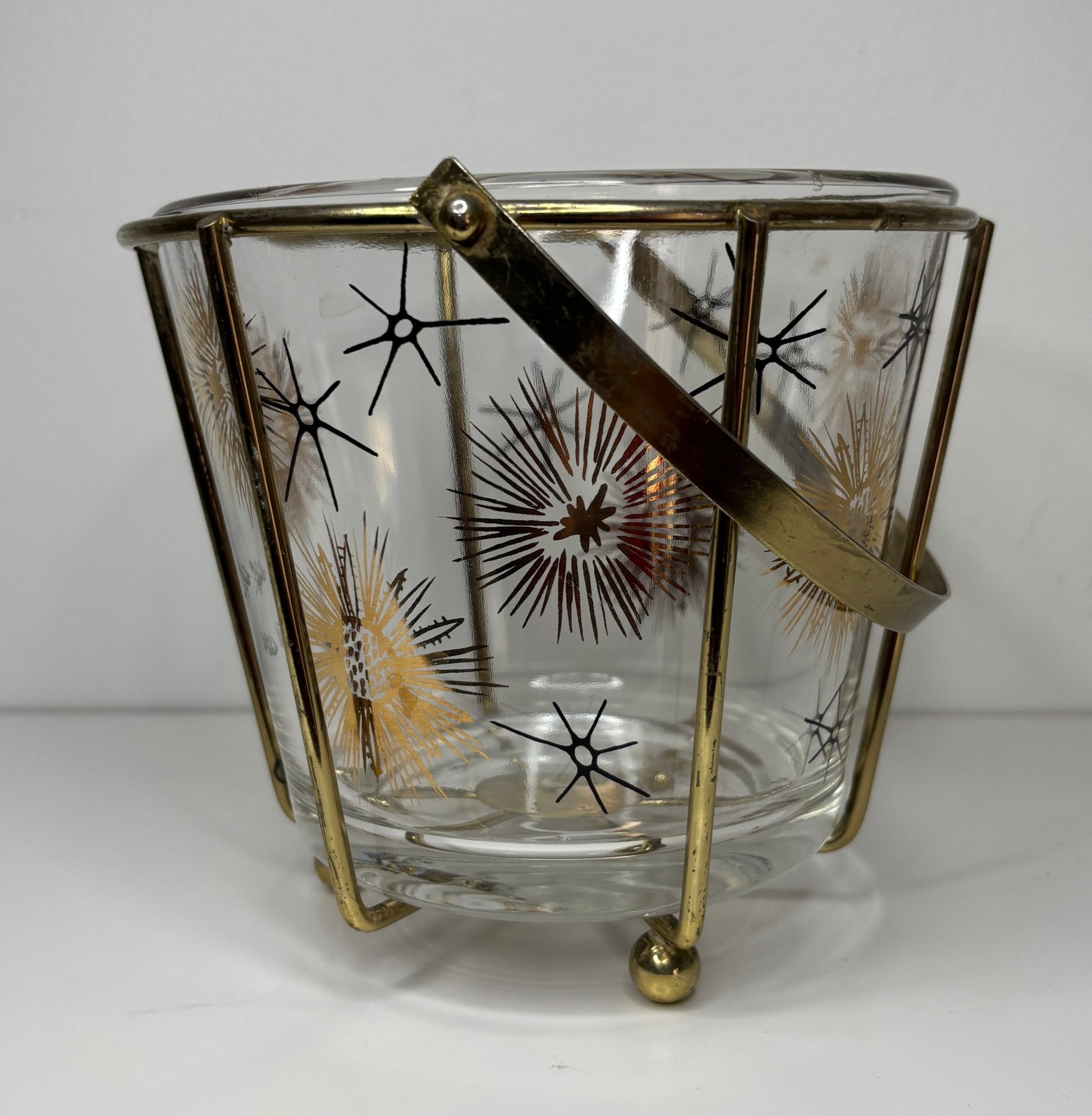 Vintage Retro Starburst Atomic Age Glass Ice Bucket with Brass Carrier - HLJ at HomeVintage Retro Starburst Atomic Age Glass Ice Bucket with Brass CarrierIce BucketHLJ at Home