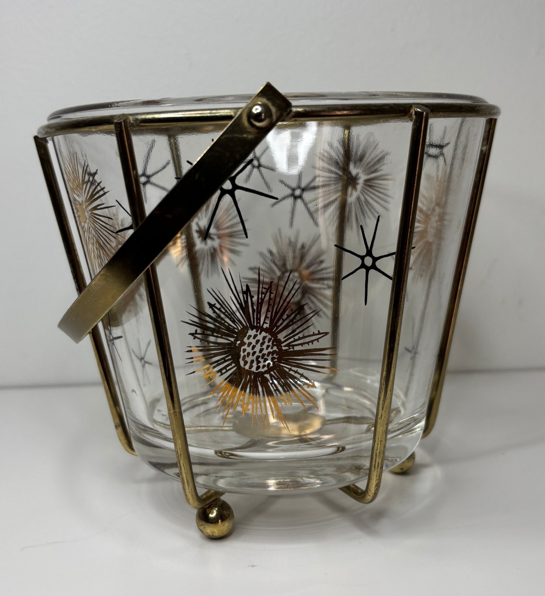 Vintage Retro Starburst Atomic Age Glass Ice Bucket with Brass Carrier