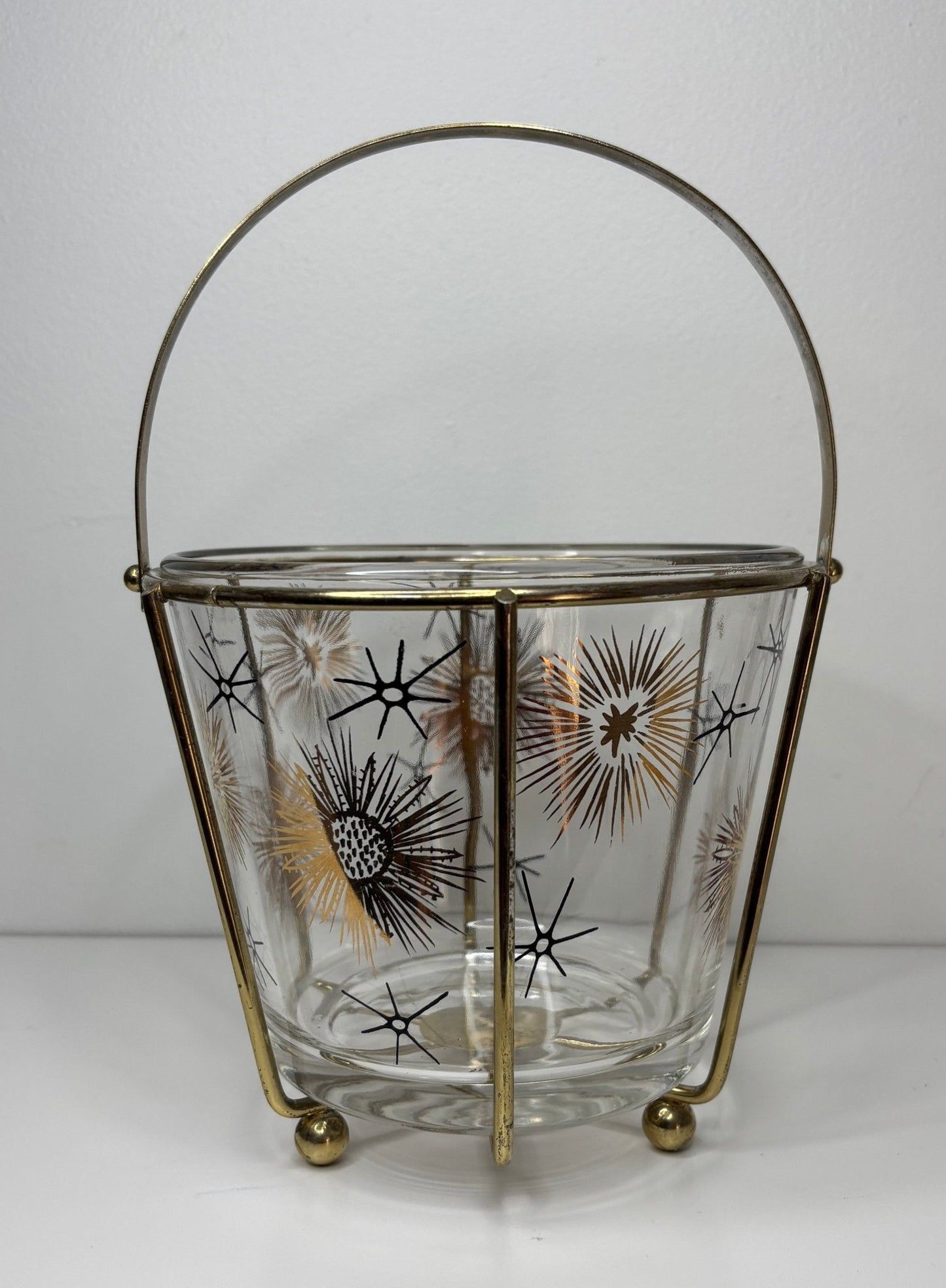 Vintage Retro Starburst Atomic Age Glass Ice Bucket with Carrier